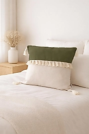 Püsküllü Kırlent Kılıfı Yeşil Krem