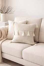 Püsküllü Bohem Krem Kırlent Kılıfı