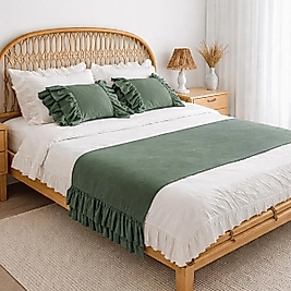 Çift Kişilik Yatak Runner Seti Yeşil Fırfırlı