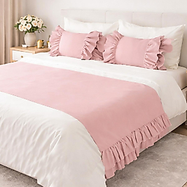 Çift Kişilik Yatak Runner Seti Pembe Fırfırlı