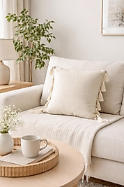 Püsküllü Bohem Krem Kırlent Kılıfı