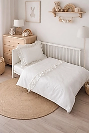 %100 Pamuk Fistolu / Fırfırlı Nevresim Takımı Kırık Beyaz