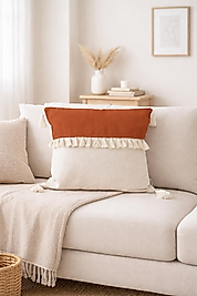 Püsküllü Kırlent Kılıfı Tarçın Krem