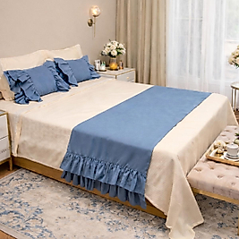 Çift Kişilik Yatak Runner Seti İndigo Fırfırlı